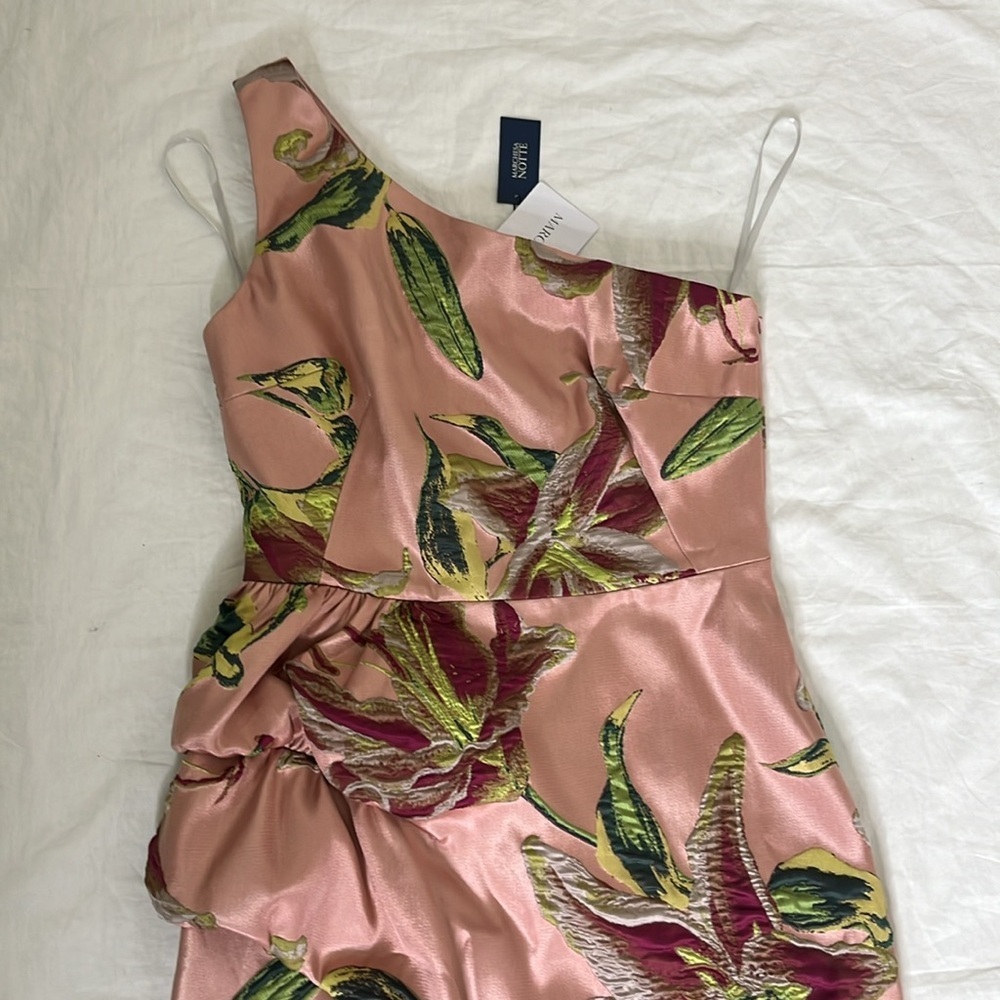 $765 New MARCHESA NOTTE One-shoulder Draped Floral-Jacquard Midi Dress Blush 4 - Picture 4 of 16